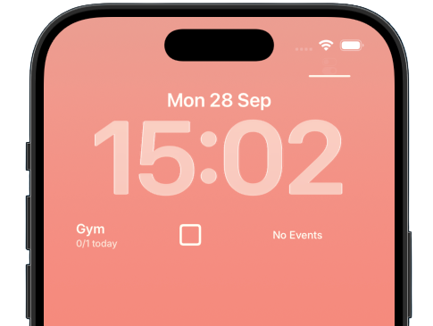 The MainQuest widgets on an iPhone lock screen: a habit with its checkbox, and the day's events